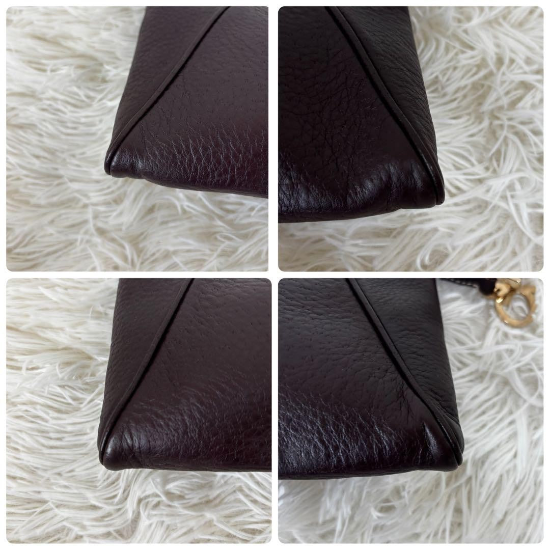 Salvatore Ferragamo Accessory Pouch Hand Tote Purse Gancini Leather Dark Brown