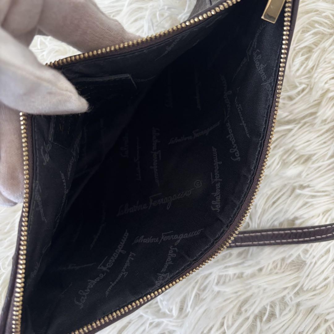 Salvatore Ferragamo Accessory Pouch Hand Tote Purse Gancini Leather Dark Brown
