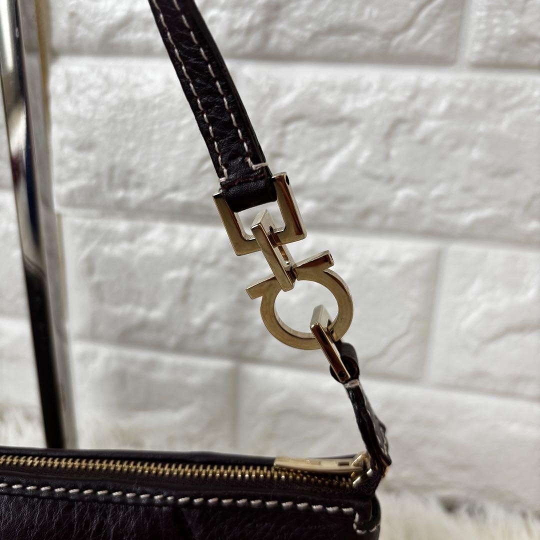 Salvatore Ferragamo Accessory Pouch Hand Tote Purse Gancini Leather Dark Brown