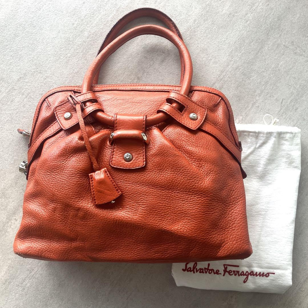 Salvatore Ferragamo Hand Bag Tote Purse Leather Orange Authentic