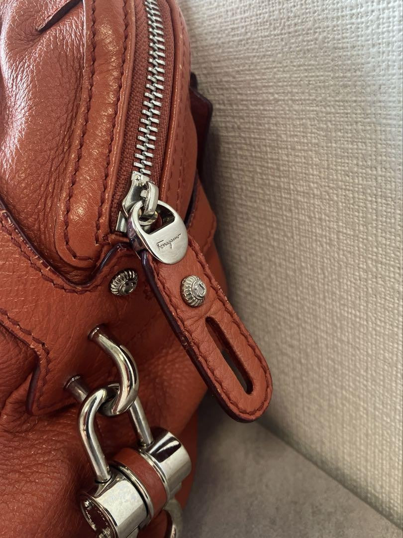 Salvatore Ferragamo Hand Bag Tote Purse Leather Orange Authentic