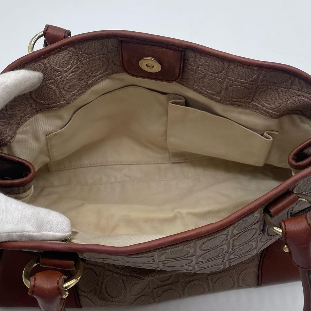 Salvatore Ferragamo Hand Bag Tote Purse Gancini Leather PVC Brown Authentic