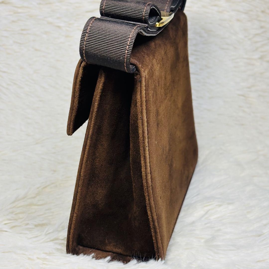 Salvatore Ferragamo Hand Bag Tote Purse Vara Suede Brown Authentic