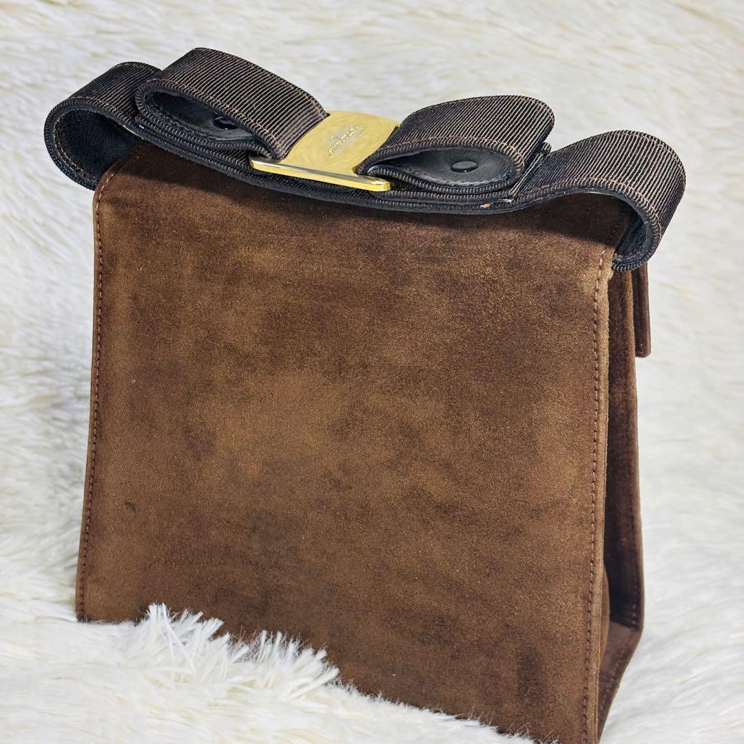 Salvatore Ferragamo Hand Bag Tote Purse Vara Suede Brown Authentic