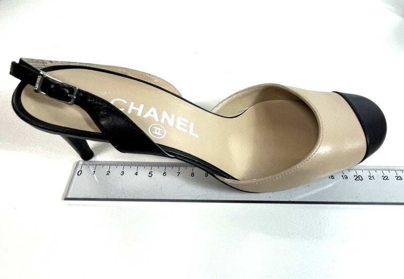 CHANEL Shoes Pumps Heel Cocomark EU 37 US 7 Beige Black Authentic