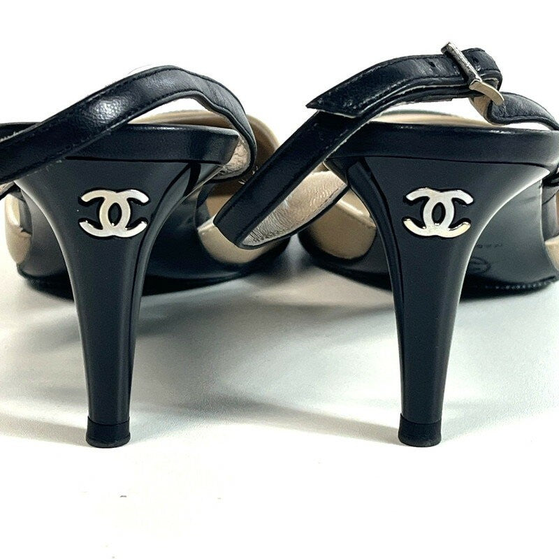 CHANEL Shoes Pumps Heel Cocomark EU 37 US 7 Beige Black Authentic
