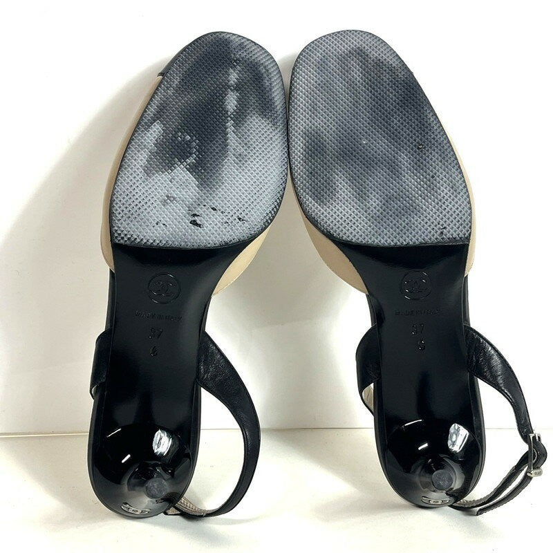 CHANEL Shoes Pumps Heel Cocomark EU 37 US 7 Beige Black Authentic