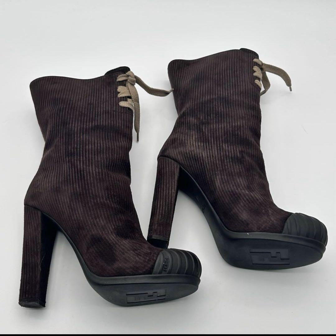 FENDI Boots Shoes EU 37.5 US 7.5 Corduroy Brown Authentic