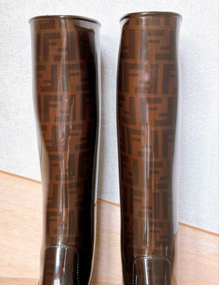 FENDI Long Rain Boots Shoes FF Zucca EU 39 US 9 Brown Authentic