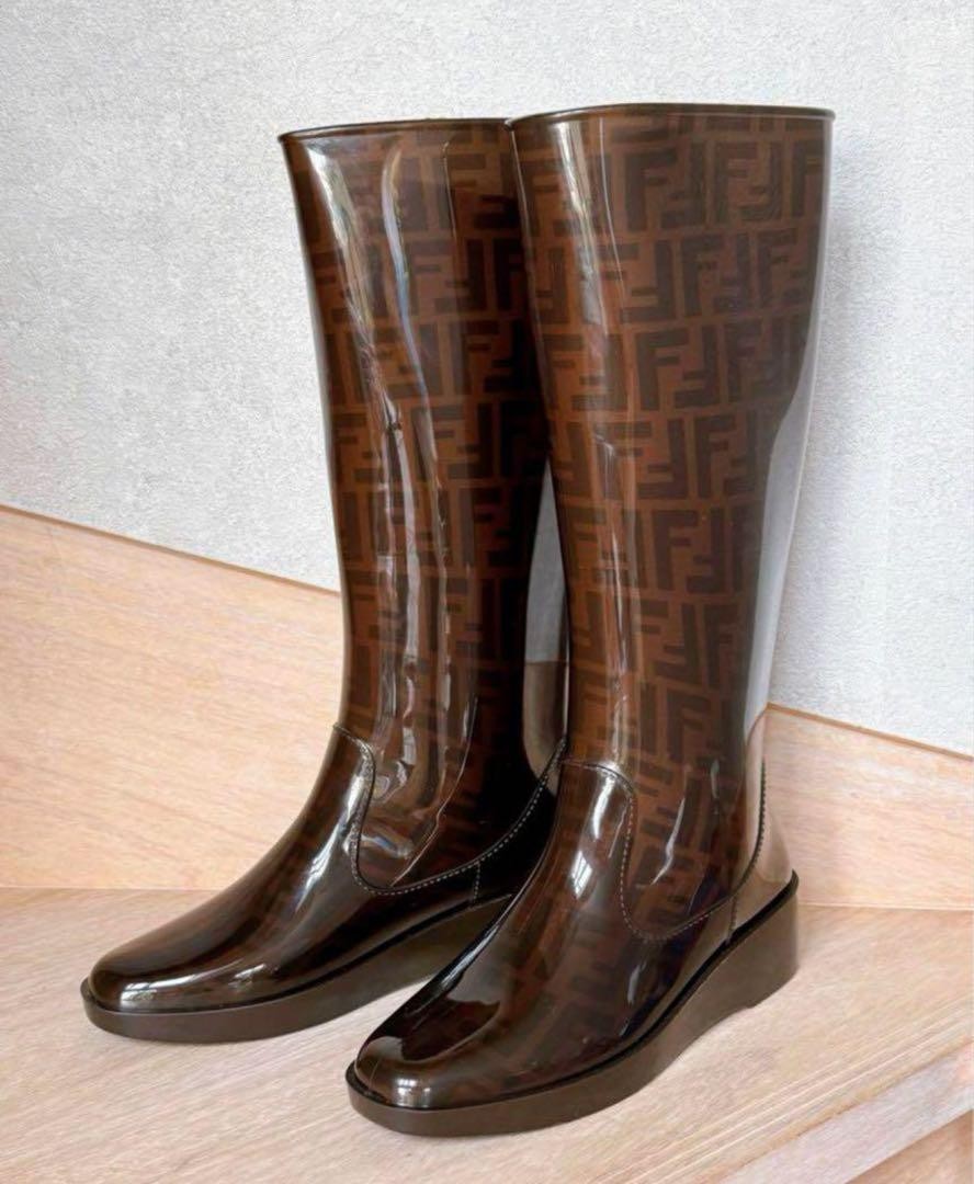 FENDI Long Rain Boots Shoes FF Zucca EU 39 US 9 Brown Authentic