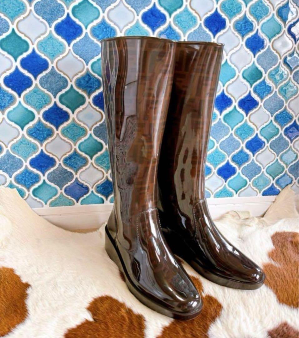 FENDI Long Rain Boots Shoes FF Zucca EU 39 US 9 Brown Authentic