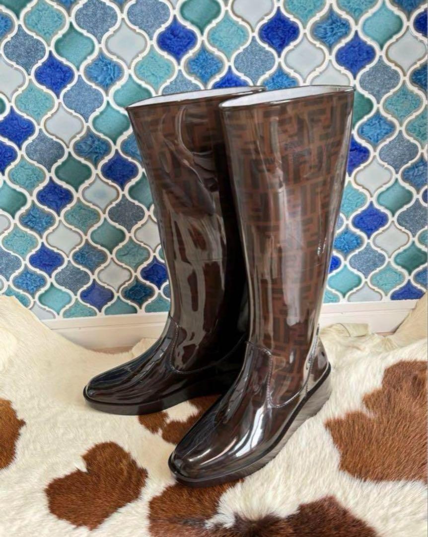 FENDI Long Rain Boots Shoes FF Zucca EU 39 US 9 Brown Authentic