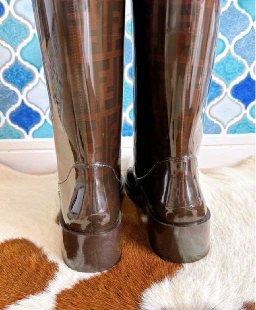 FENDI Long Rain Boots Shoes FF Zucca EU 39 US 9 Brown Authentic