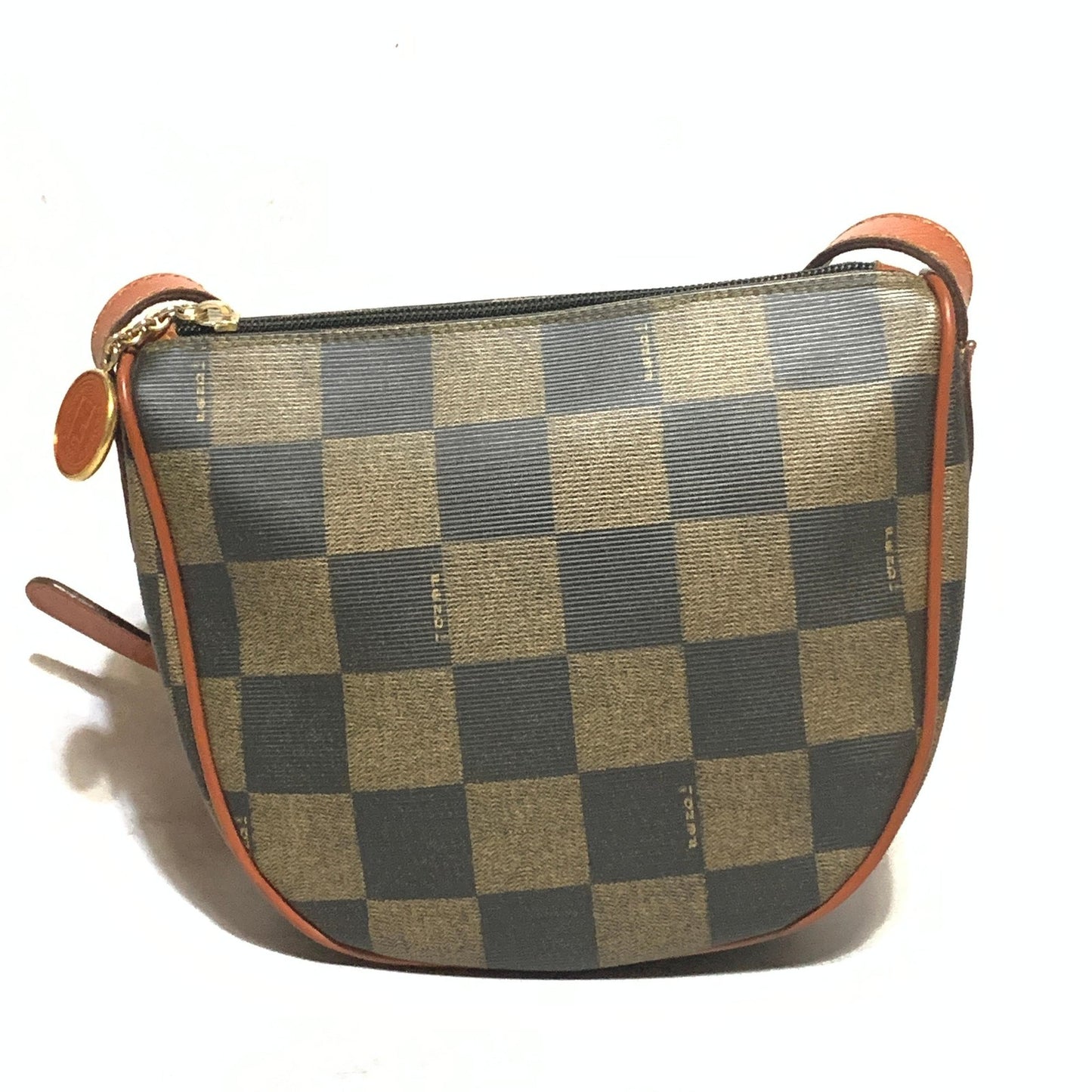 FENDI Bag Pecan FF Logo Shoulder Purse Leather Brown Gold Used Authentic