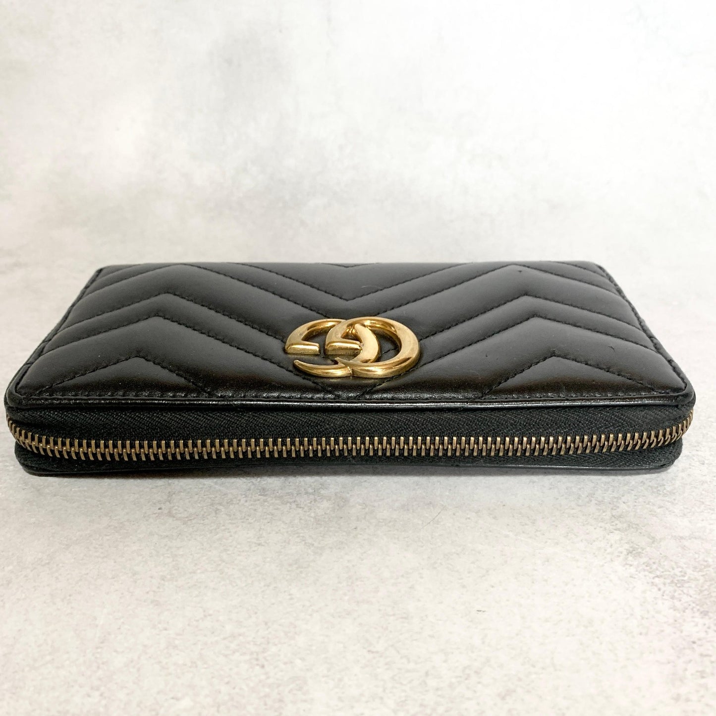 GUCCI Wallet GG Marmont Quilted Round Zip Long Purse Leather Black Gold Auth