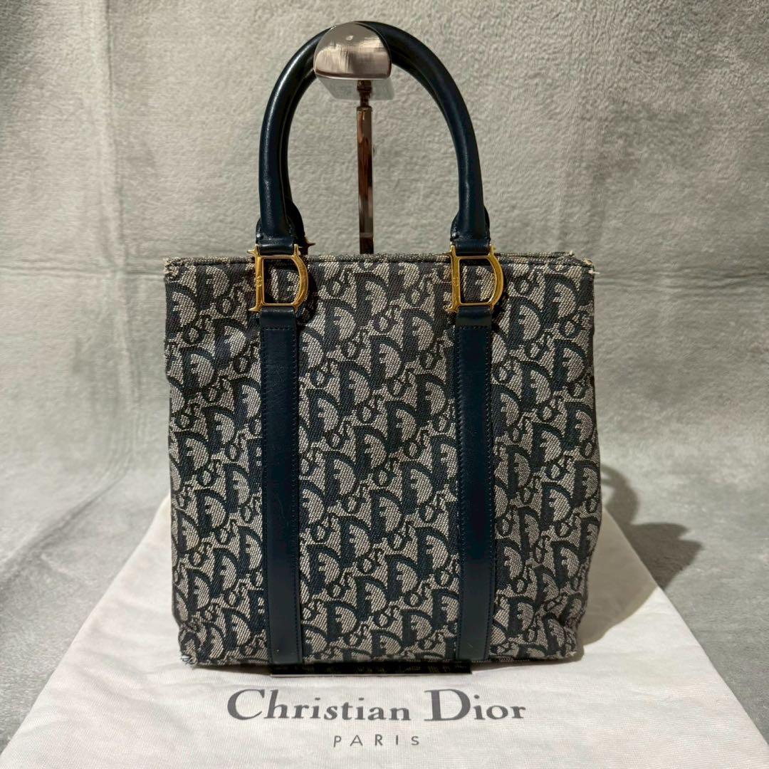 Christian Dior Hand Bag Tote Purse Trotter Leather Canvas Navy Authentic