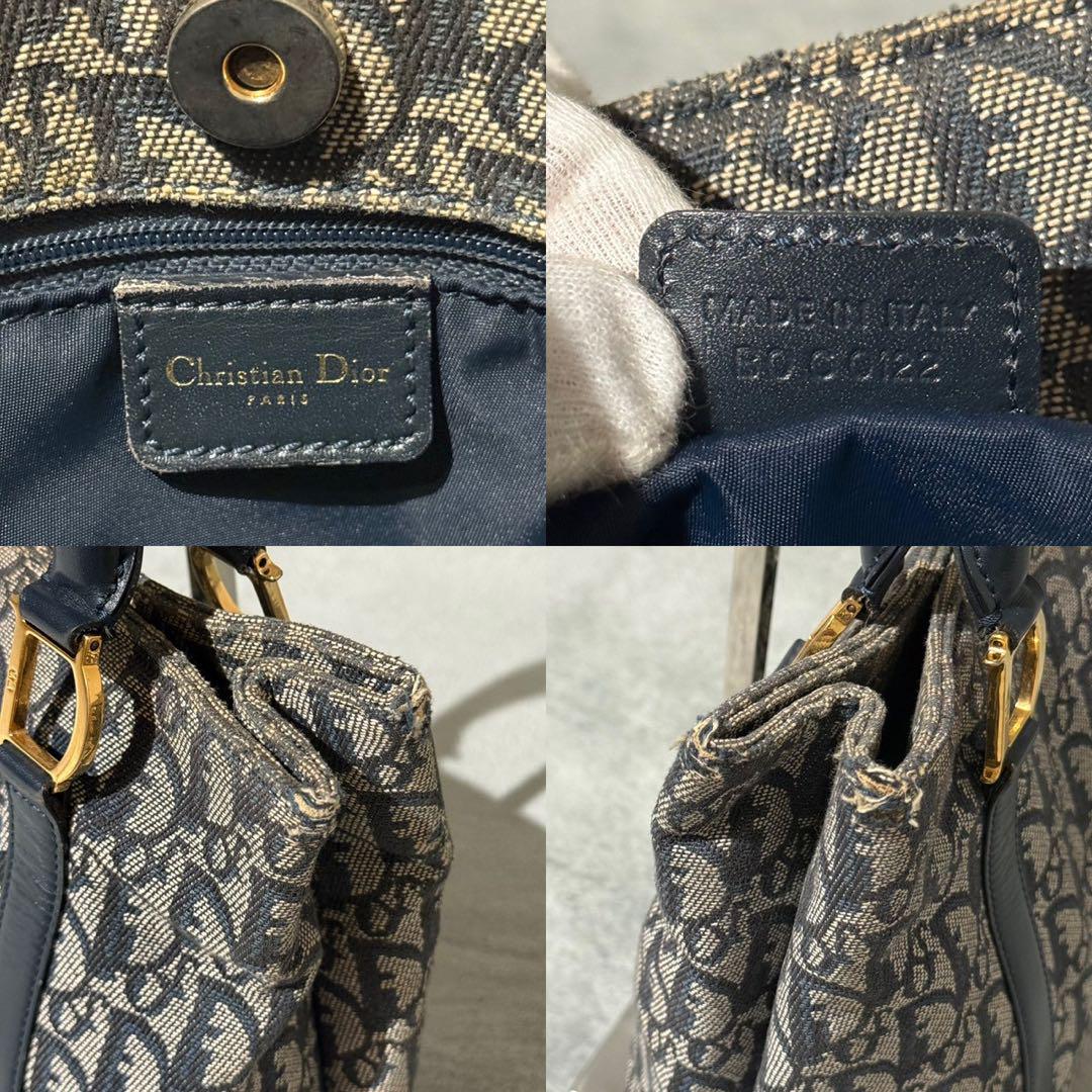Christian Dior Hand Bag Tote Purse Trotter Leather Canvas Navy Authentic