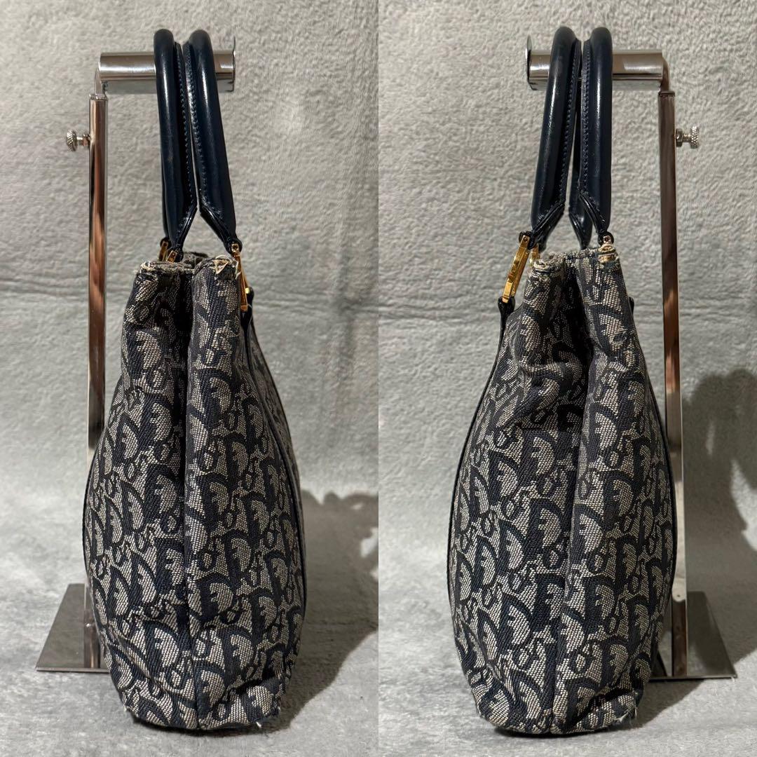 Christian Dior Hand Bag Tote Purse Trotter Leather Canvas Navy Authentic
