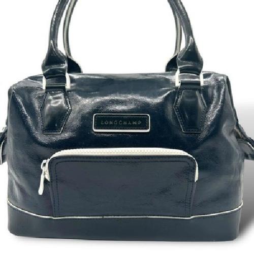 Longchamp Hand Bag Tote Purse Patent Leather Navy Authentic
