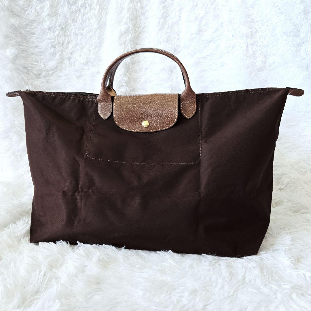Longchamp Hand Bag Tote Purse Le Pliage Nylon Leather Brown Authentic