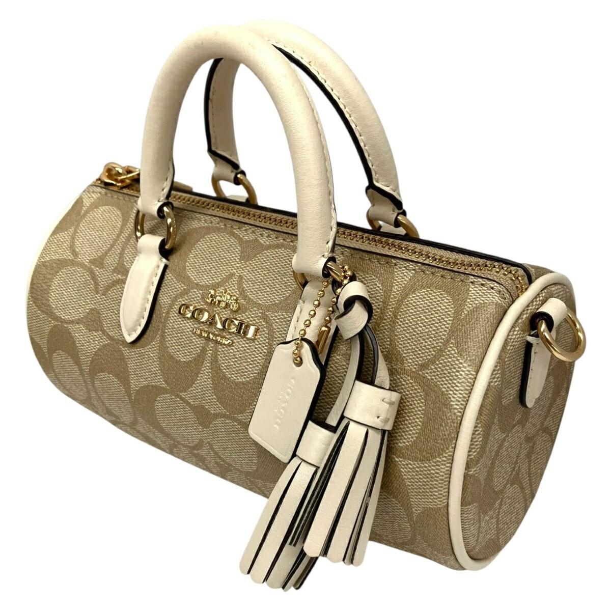 COACH Hand Bag Tote Purse 2way Signature Canvas Leather Beige Authentic
