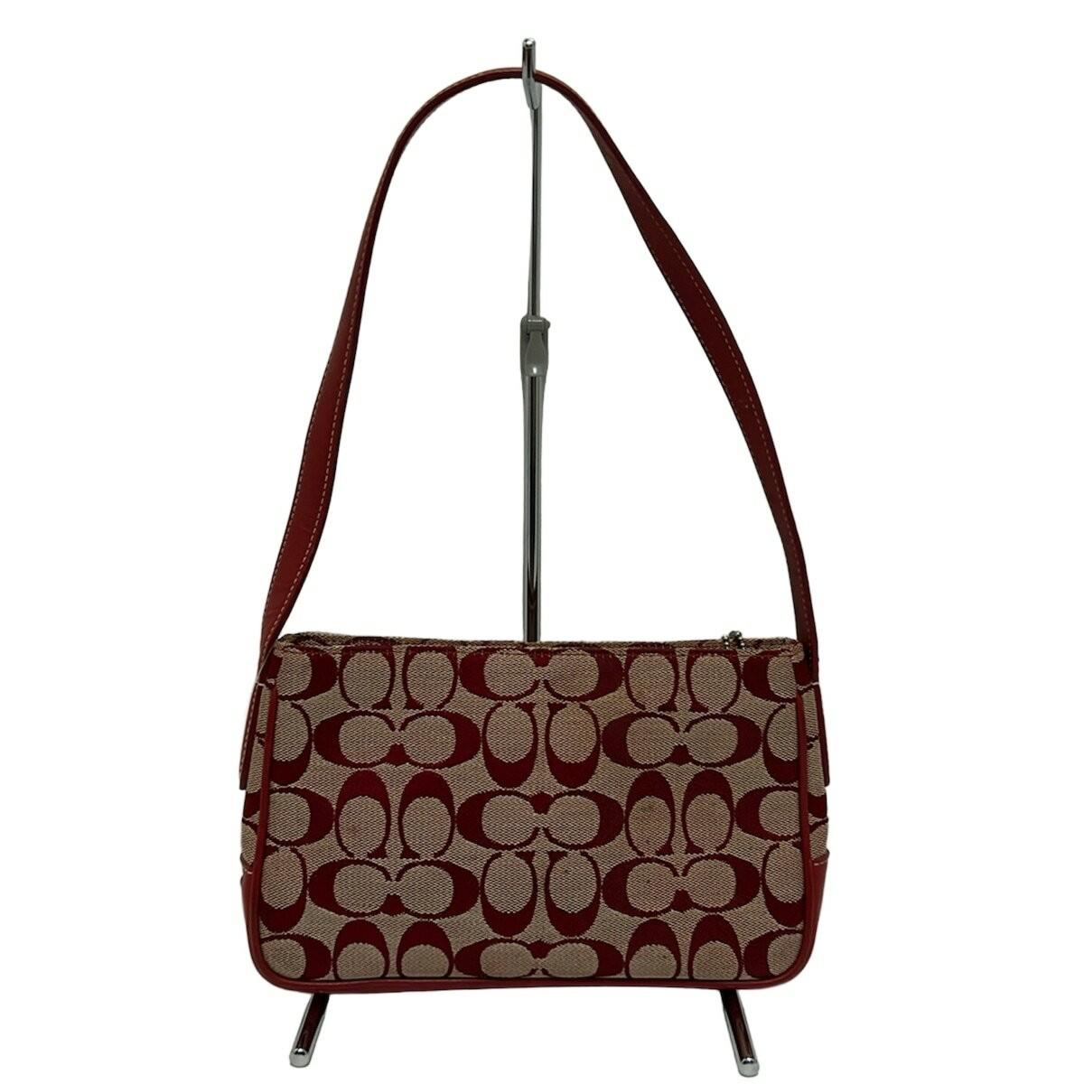 COACH Shoulder Bag Purse Signature Jacquard Leather Bordeaux White Authentic
