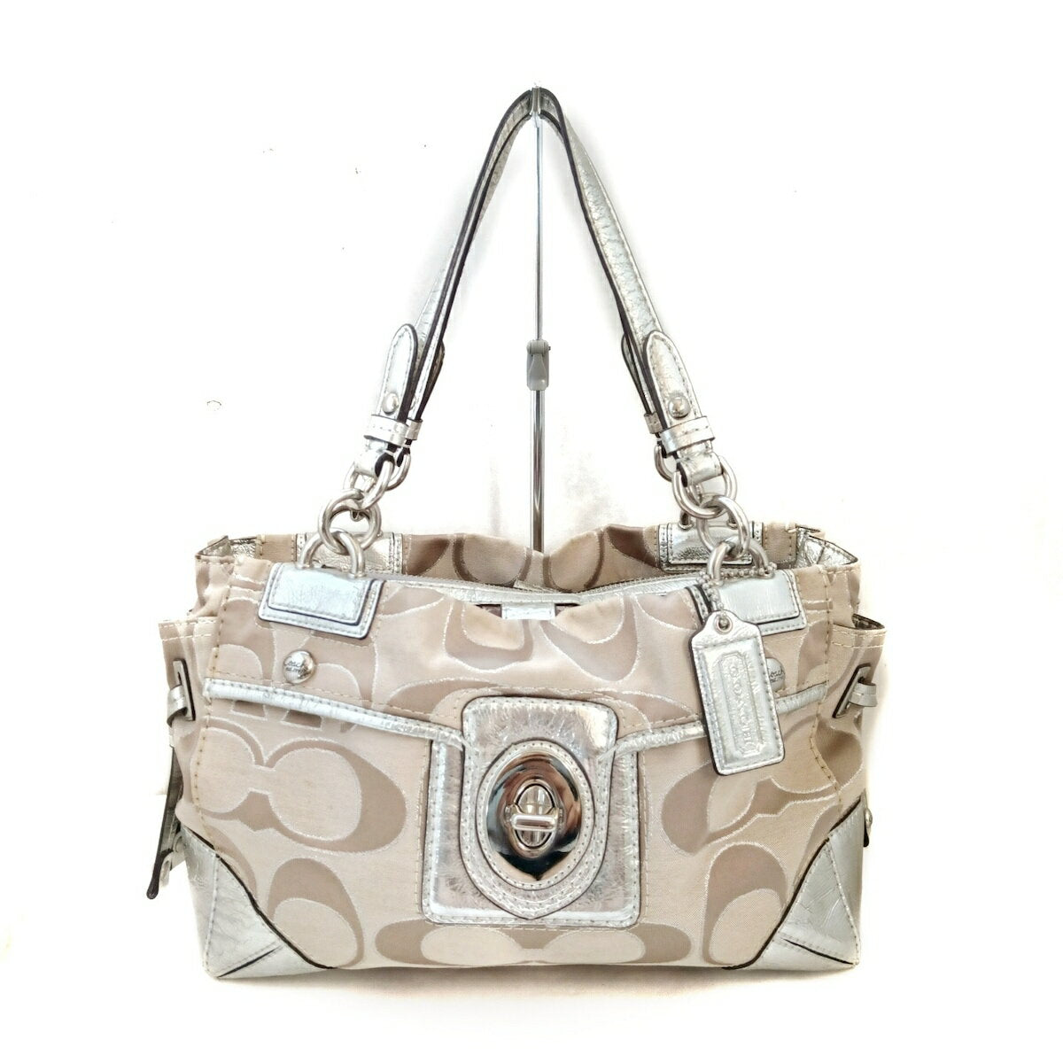 COACH Hand Bag Tote Purse Signature Satin Patent Leather Beige Silver Authentic