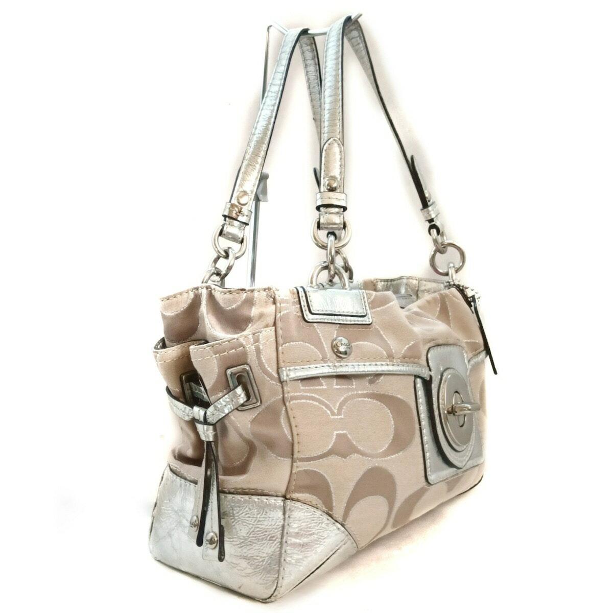 COACH Hand Bag Tote Purse Signature Satin Patent Leather Beige Silver Authentic