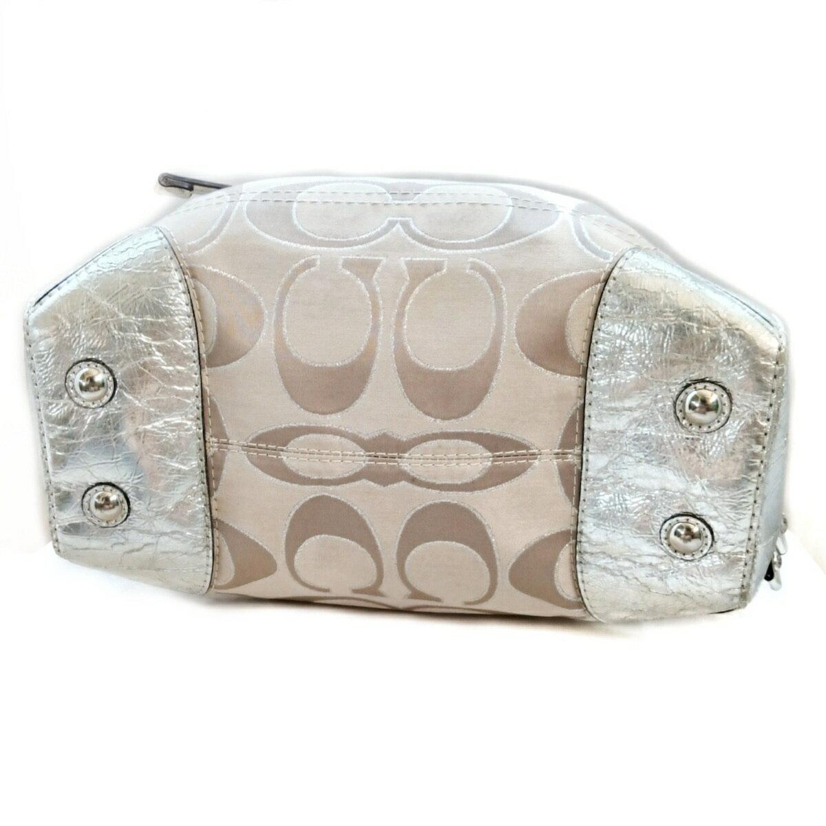 COACH Hand Bag Tote Purse Signature Satin Patent Leather Beige Silver Authentic