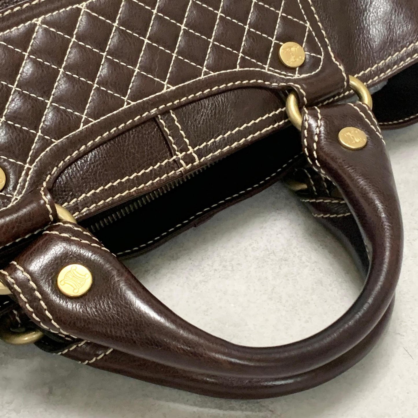 CELINE Boogie Bag Handbag Purse Leather Quilted Brown Gold Used Auth Women's