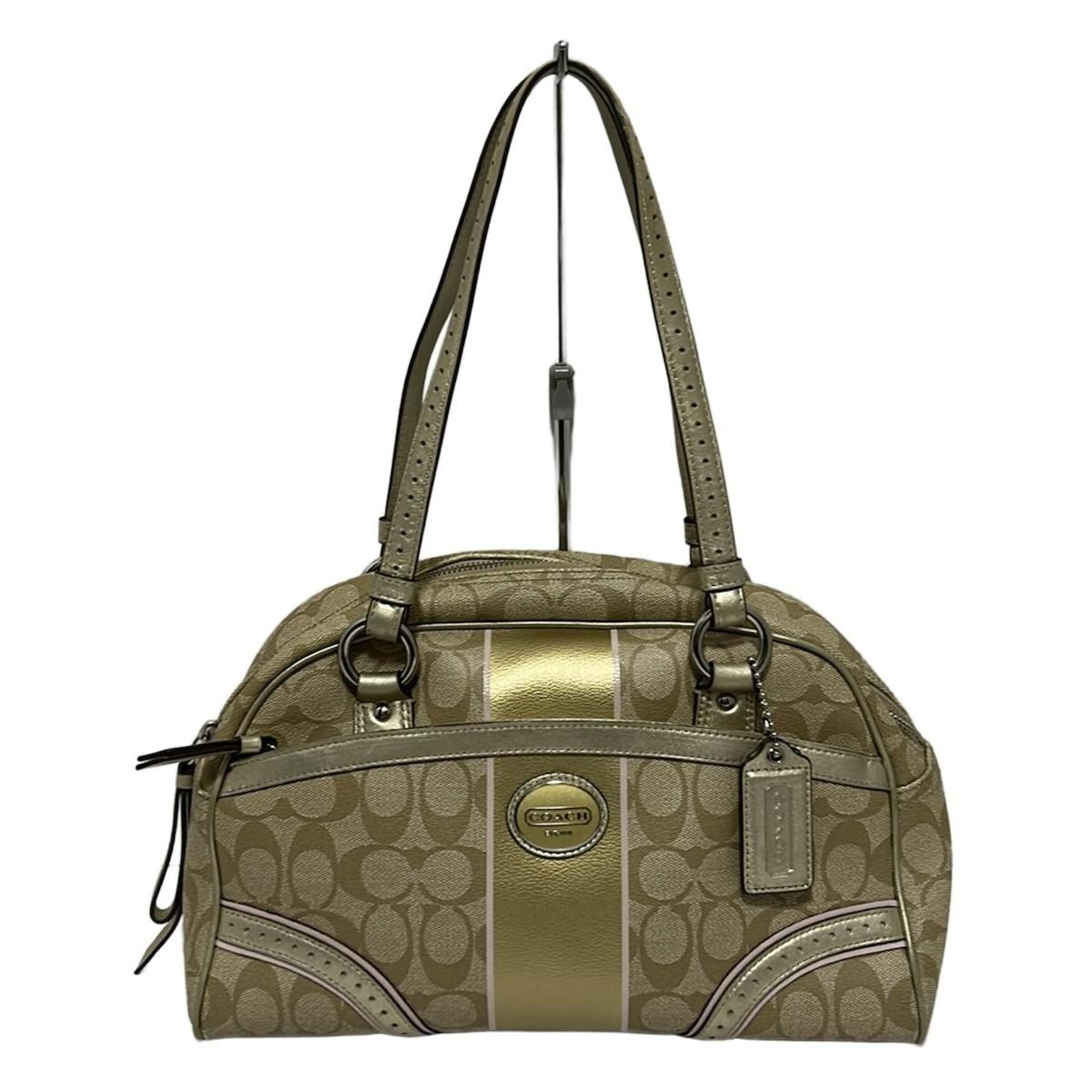 COACH Mini Boston Shoulder Bag Purse Signature PVC Leather Light Khaki Gold Pink