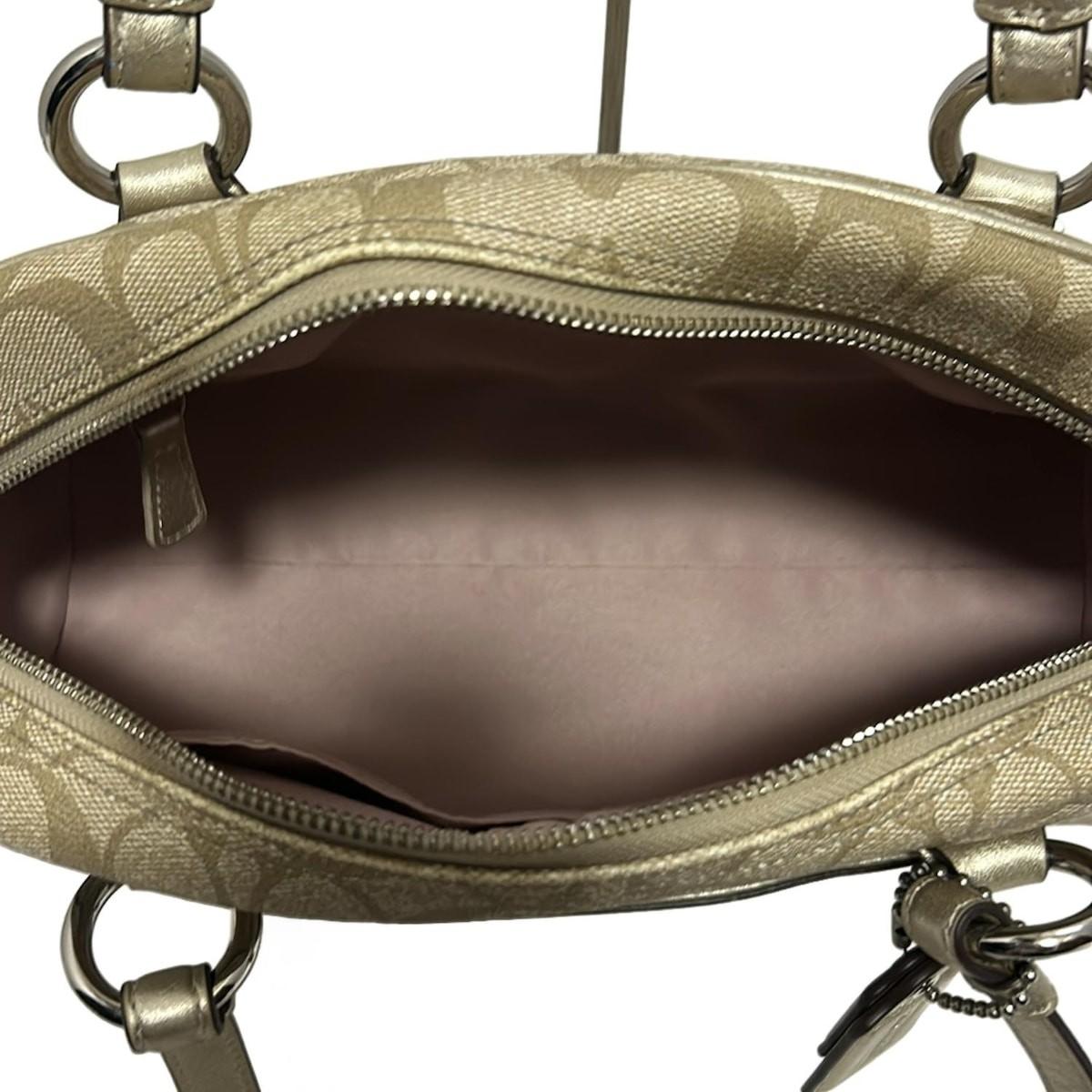 COACH Mini Boston Shoulder Bag Purse Signature PVC Leather Light Khaki Gold Pink