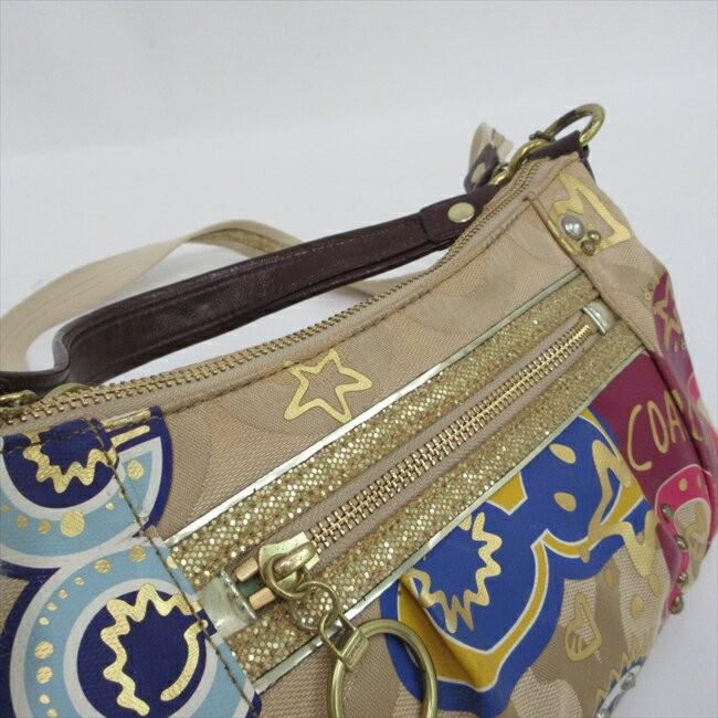COACH Long Shoulder Bag Purse 2way Poppy Canvas Leather Brown Multicolor Auth