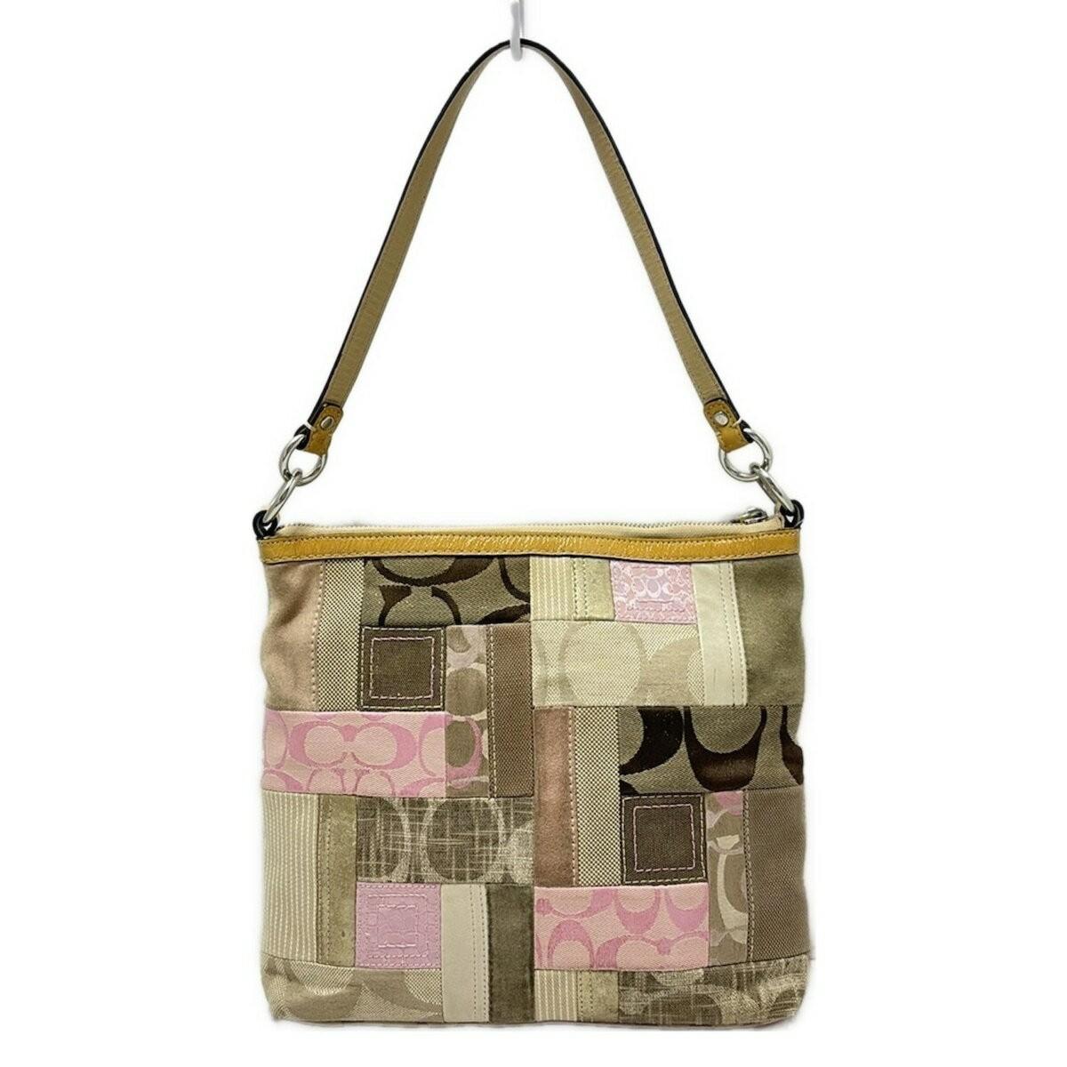 COACH Shoulder Bag Purse Signature Jacquard Suede Leather Pink Dark Brown