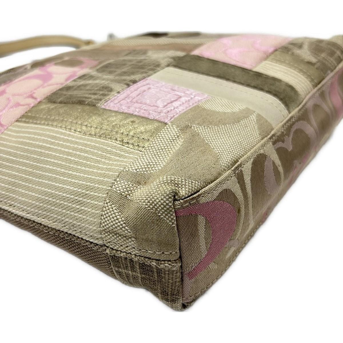 COACH Shoulder Bag Purse Signature Jacquard Suede Leather Pink Dark Brown