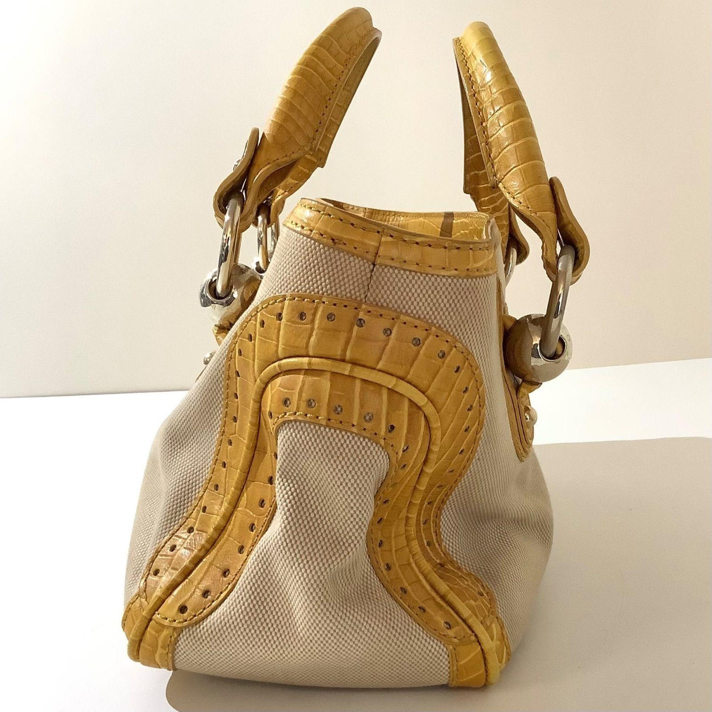 CELINE Hand Bag Tote Purse Boogie Leather Canvas Yellow Authentic