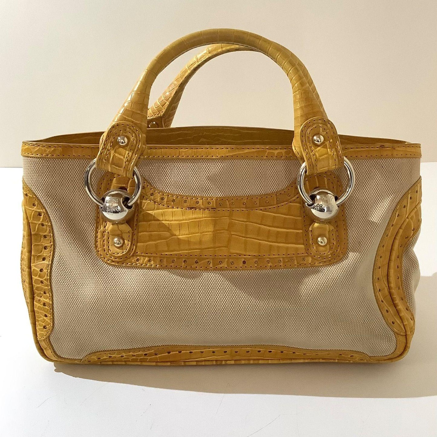 CELINE Hand Bag Tote Purse Boogie Leather Canvas Yellow Authentic