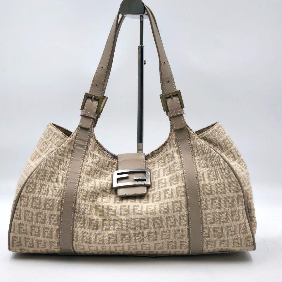 FENDI Shoulder Bag Purse FF Zucchino Canvas Leather Beige Authentic