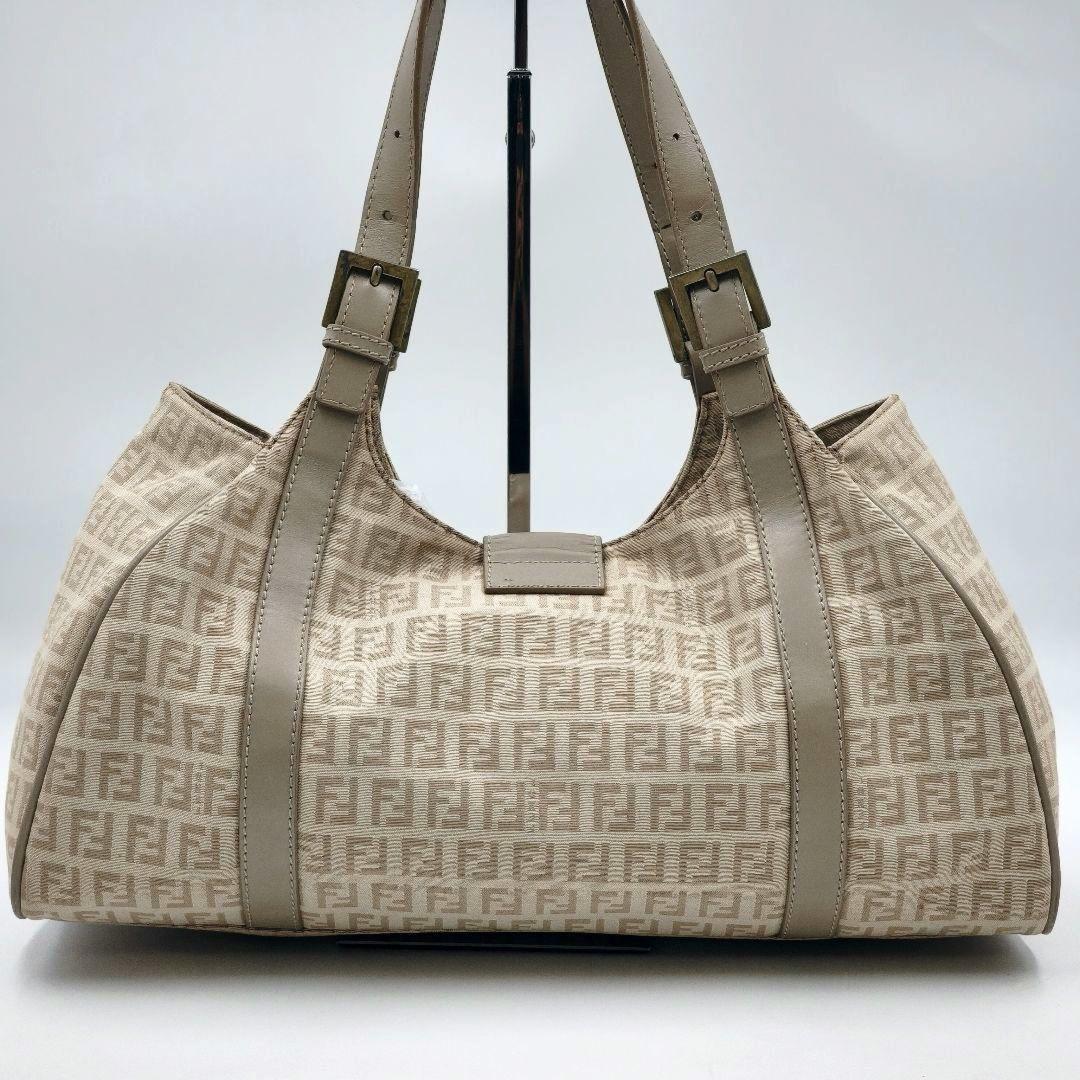 FENDI Shoulder Bag Purse FF Zucchino Canvas Leather Beige Authentic