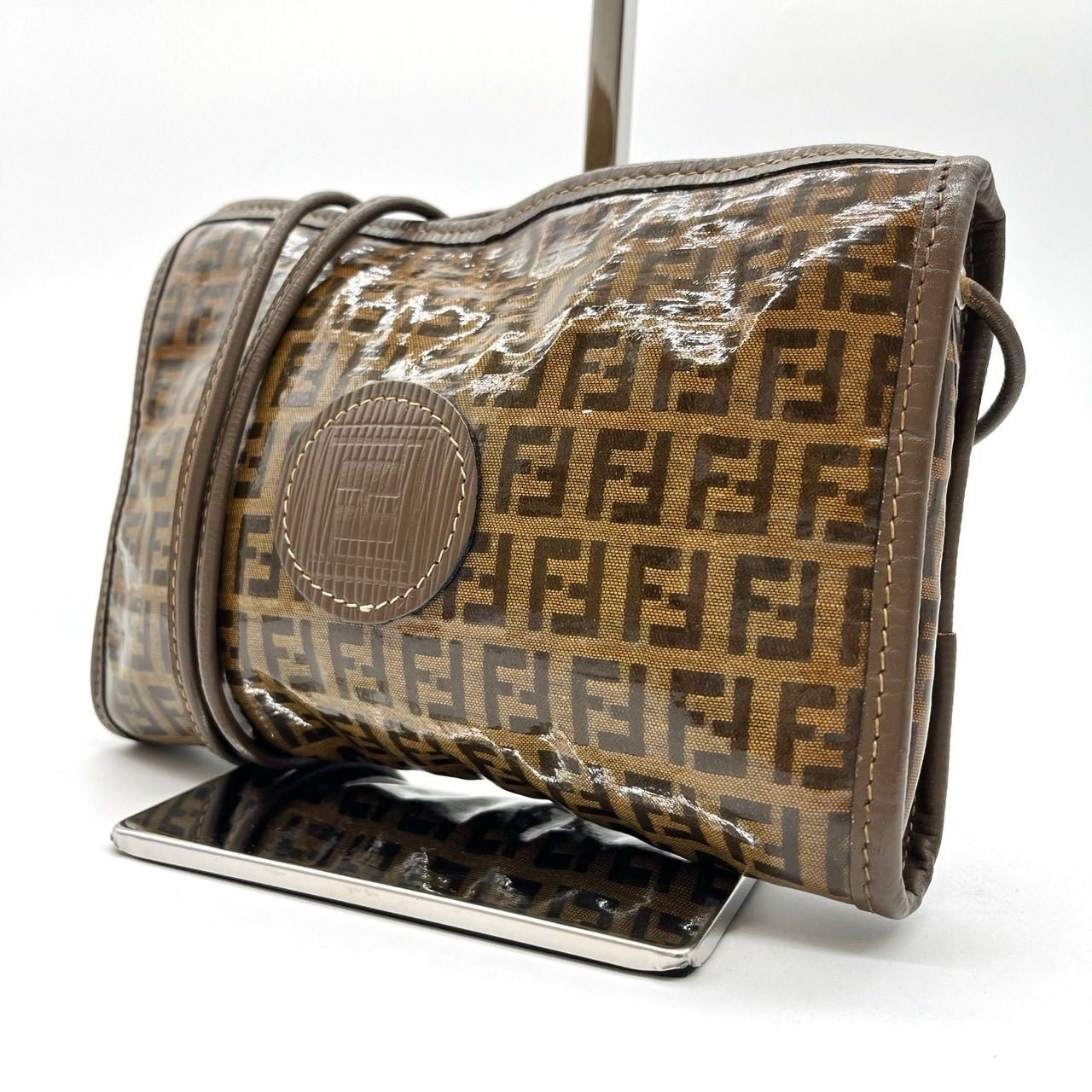 FENDI Shoulder Bag Purse FF Zucchino PVC Leather Brown Authentic