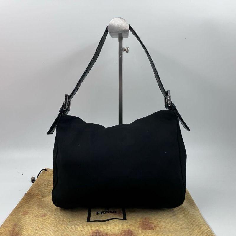 FENDI Shoulder Bag Purse FF Baguette Leather cotton jersey Black Authentic