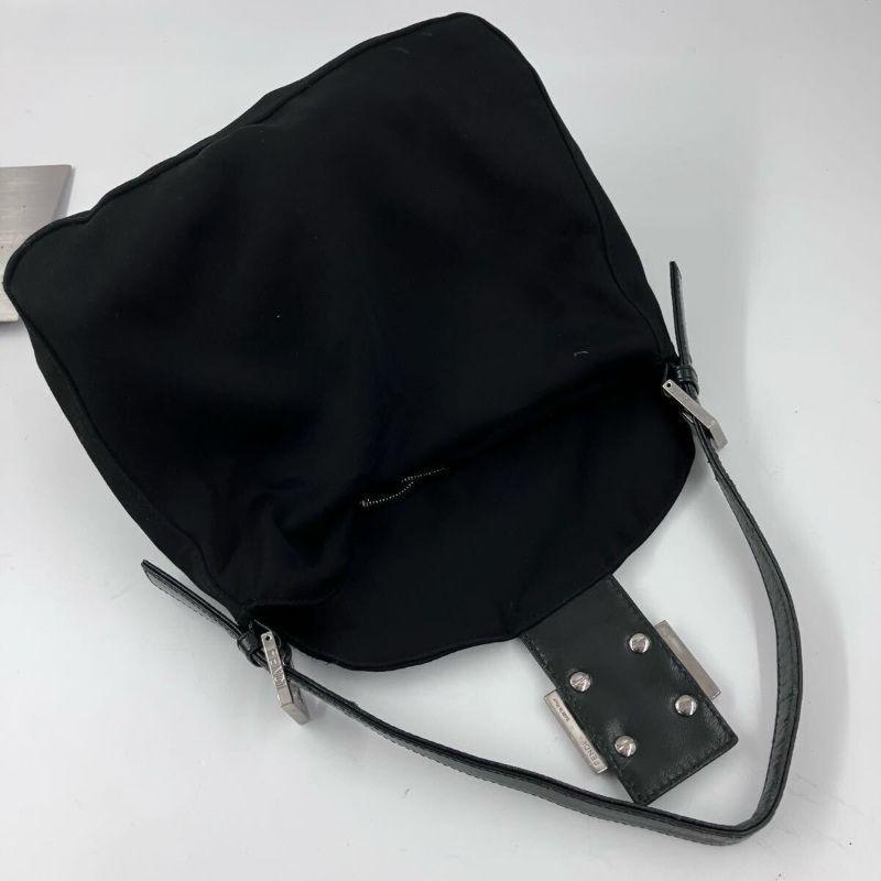 FENDI Shoulder Bag Purse FF Baguette Leather cotton jersey Black Authentic