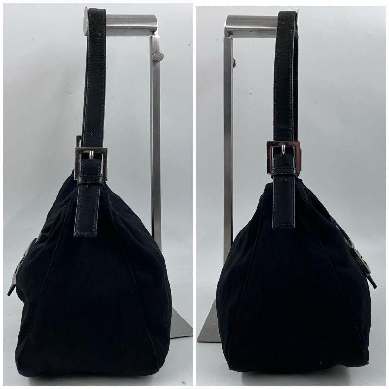 FENDI Shoulder Bag Purse FF Baguette Leather cotton jersey Black Authentic