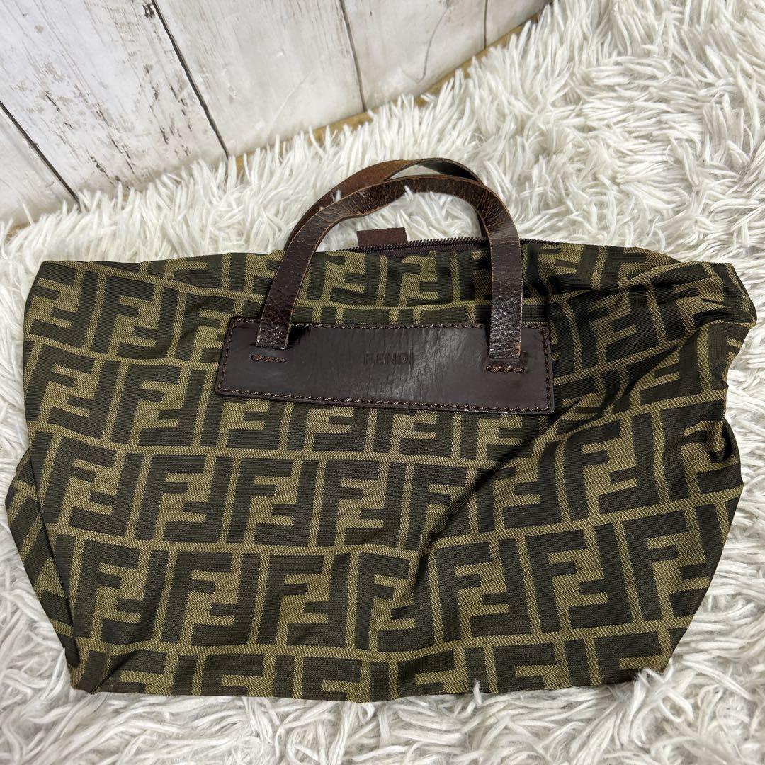 FENDI Hand Bag Tote Purse FF Zucca Zucchino Nylon Canvas Brown Authentic