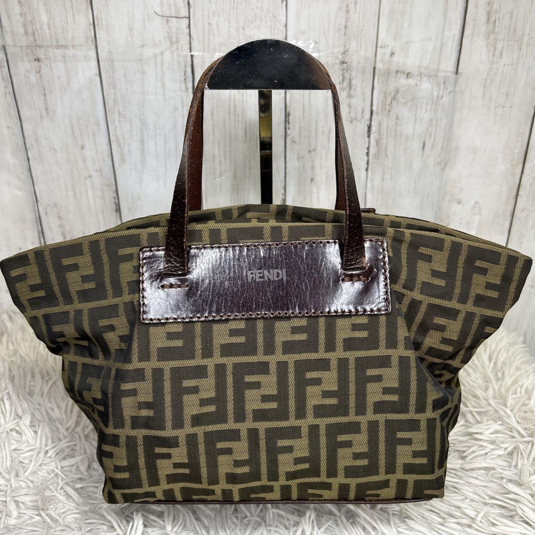 FENDI Hand Bag Tote Purse FF Zucca Zucchino Nylon Canvas Brown Authentic