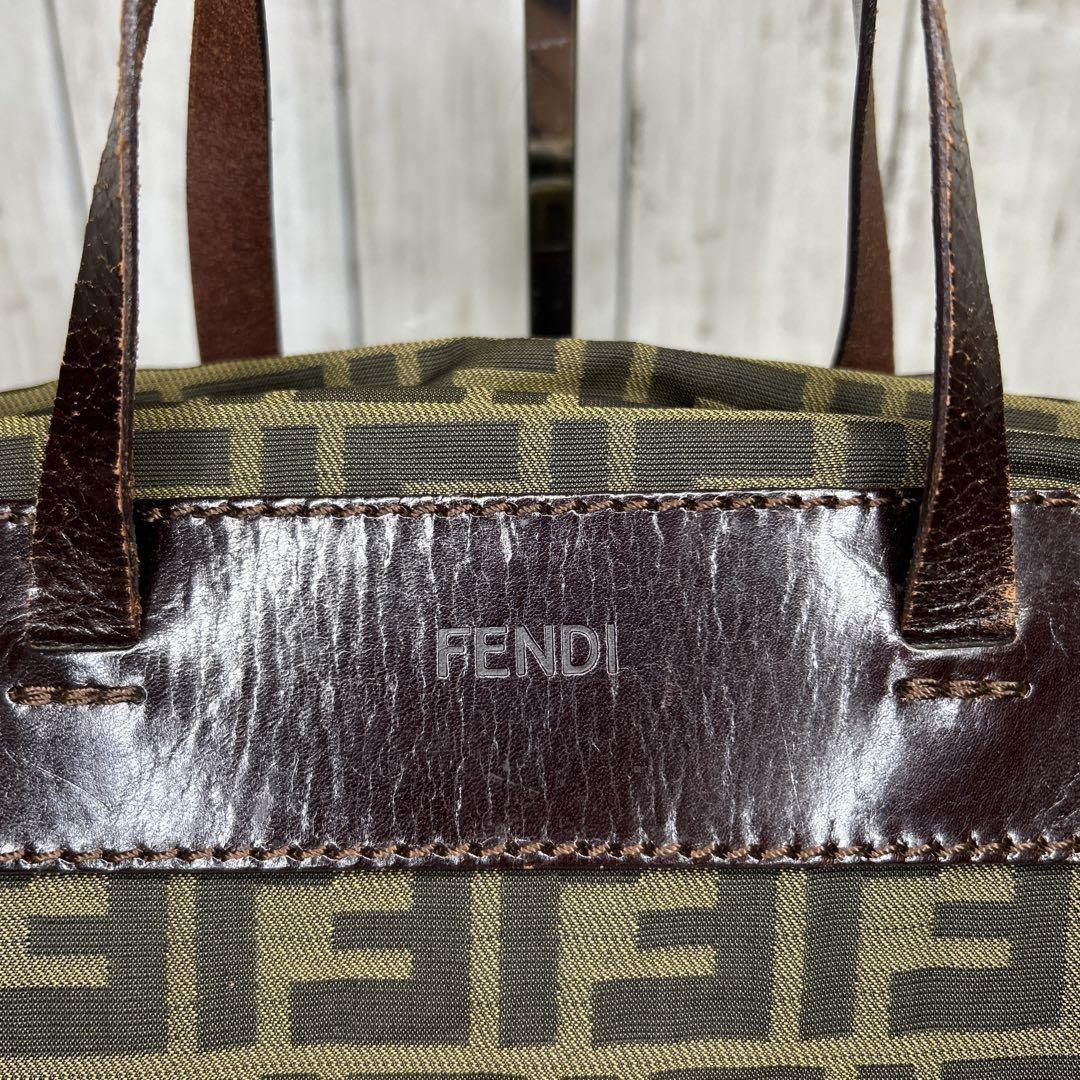 FENDI Hand Bag Tote Purse FF Zucca Zucchino Nylon Canvas Brown Authentic