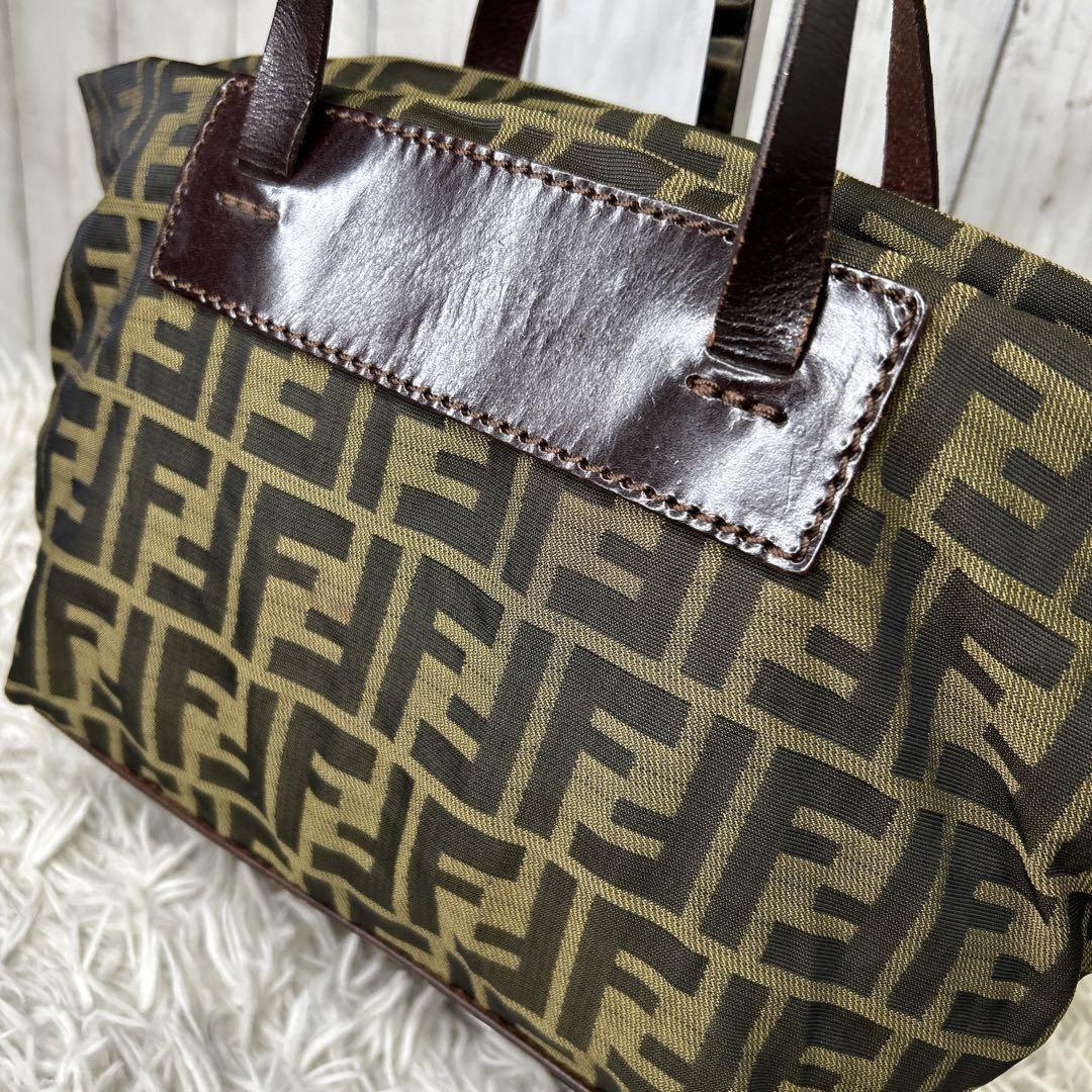 FENDI Hand Bag Tote Purse FF Zucca Zucchino Nylon Canvas Brown Authentic