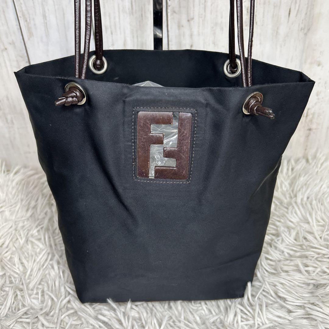 FENDI Hand Bag Tote Purse FF Leather Nylon Black Brown Authentic