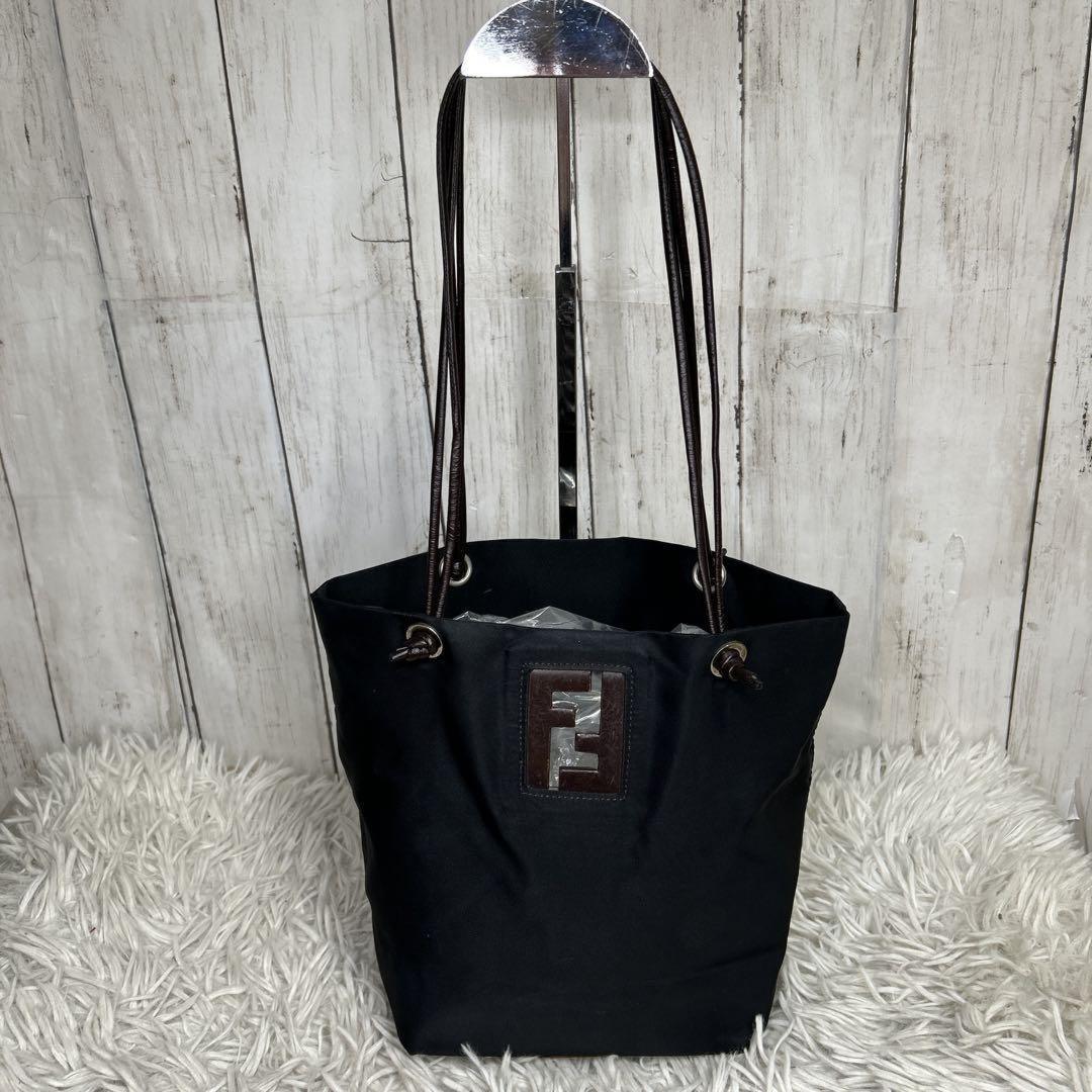 FENDI Hand Bag Tote Purse FF Leather Nylon Black Brown Authentic