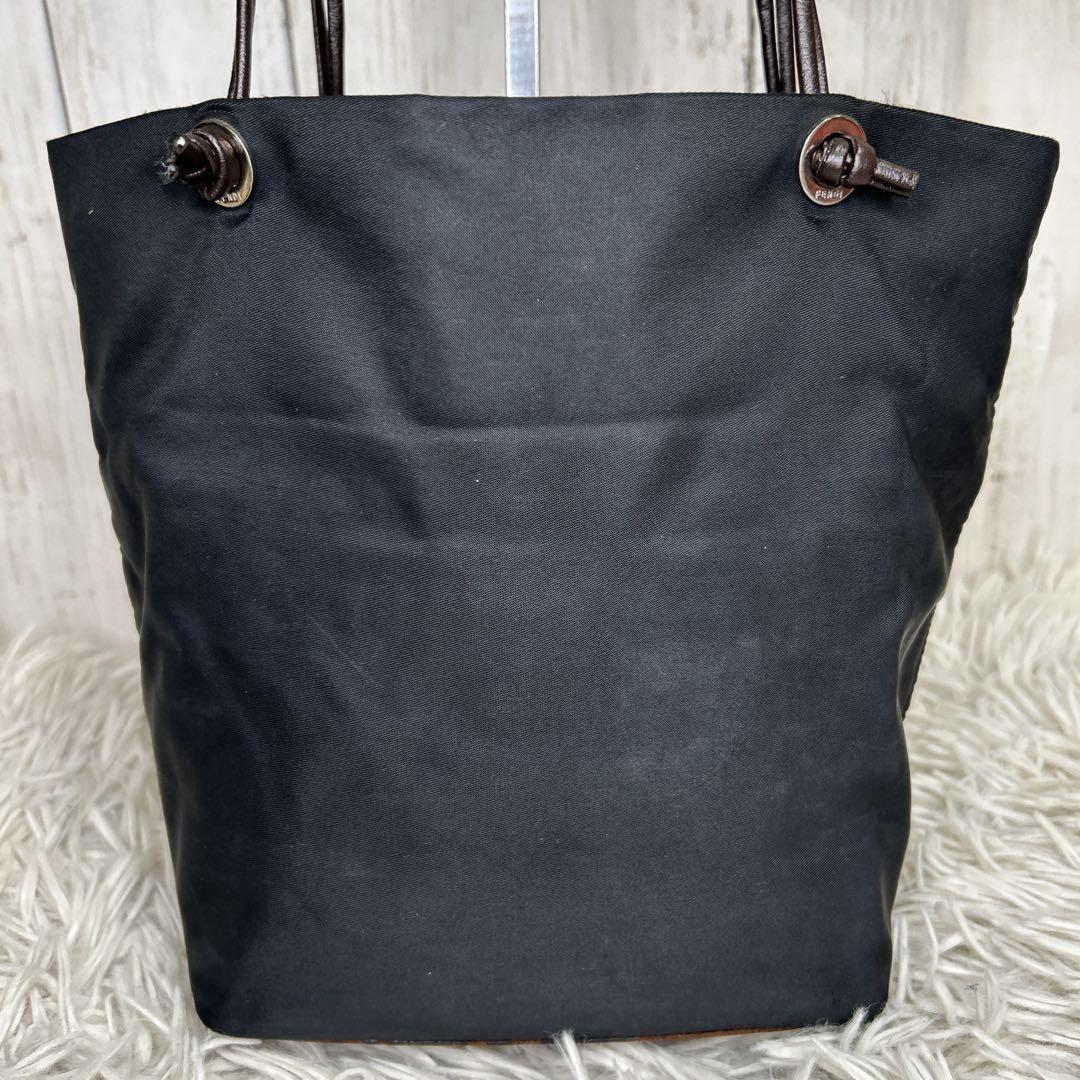 FENDI Hand Bag Tote Purse FF Leather Nylon Black Brown Authentic